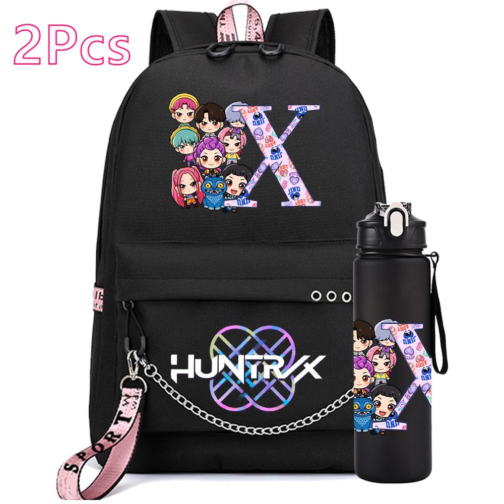 2Pcs/set 26 English Letter K-pop Printed Backpack with 750Ml Water Bottler for Teenager Girl Boy Bookbag Kid Gift Large Capacity Waterproof Travel Bag
