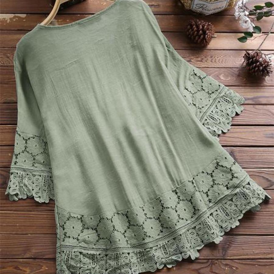 Bluză de vară pentru damă, din bumbac, din in, din dantelă, cu patchwork, Topuri elegante, cu decolteu în V, cu strângere, bluză pentru femei