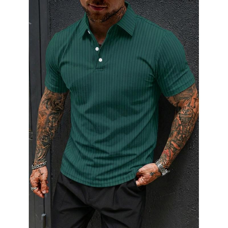 Men's Summer High-Elasticity Ribbed Fitness Sports Casual Fashion Knitted Short-Sleeve Polo Shirt
