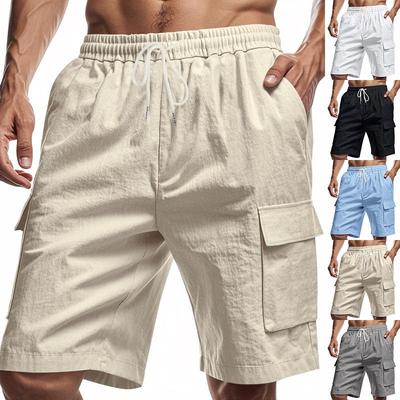 Men's Multi-Pocket Work Shorts Sweatpants Casual Loose Solid Colour Linen Drawstring Five Pants