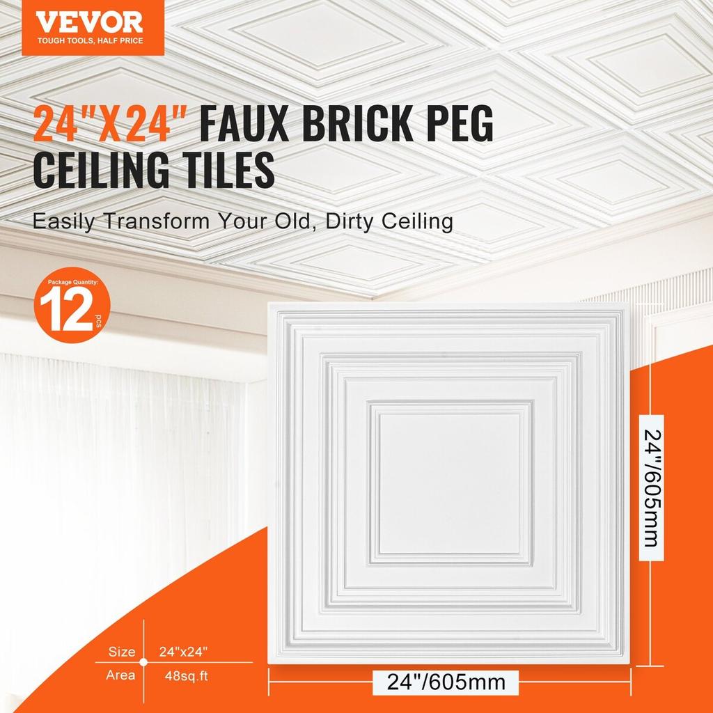 Ceiling Tiles 12-Pack 24 X 24 In PVC Easy Installation White Peg Pattern