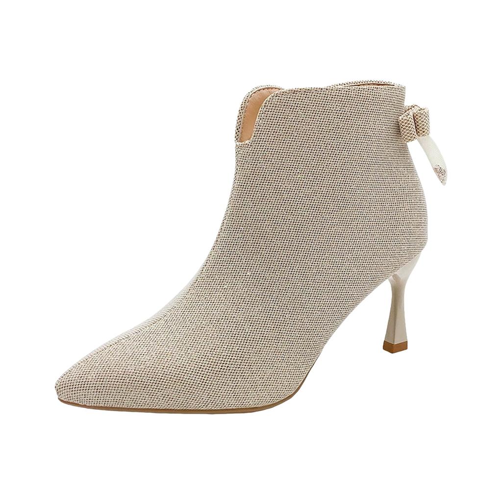 Flat Boots For Women Toe Bowknot Sequined Fabric Fashion Boots Pointed Toe Stiletto High Heel Short Boots For Zapatos De Mujer