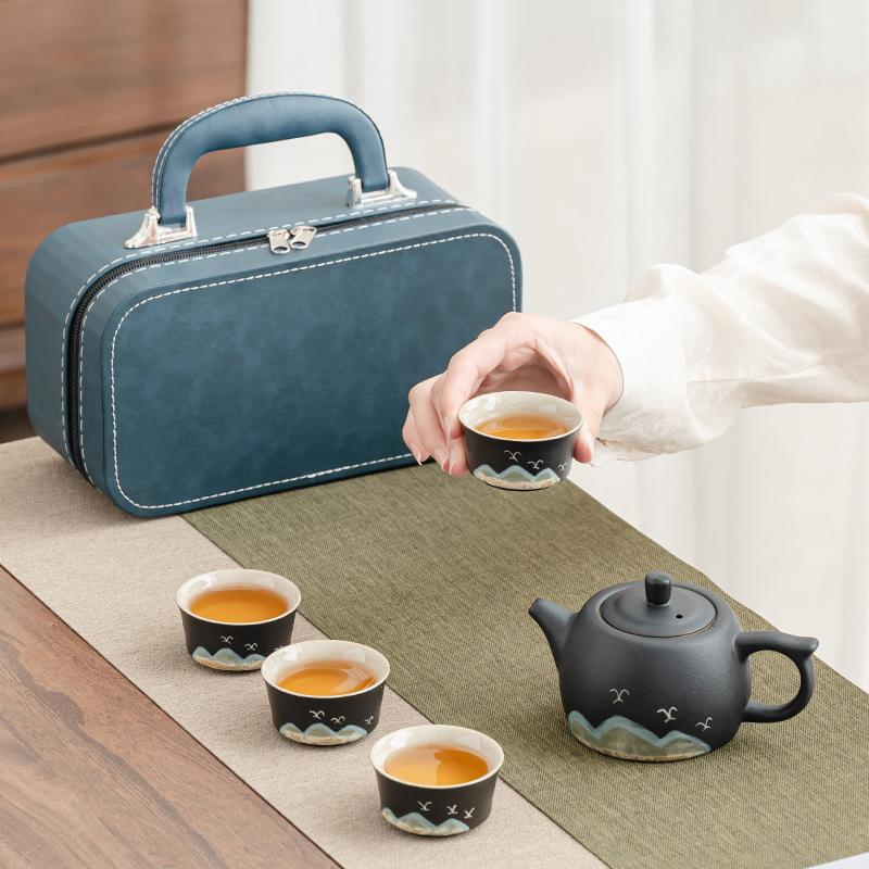 Service à thé de voyage rétro Qingshan Poterie grossière Portable Extérieur Cadeaux d'entreprise Événement d'ouverture pratique