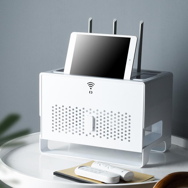 Double-Layer Router Storage Box - Multi-Function WiFi Organizer with Cable Management, Plastic Cover for Power Strips & Modems