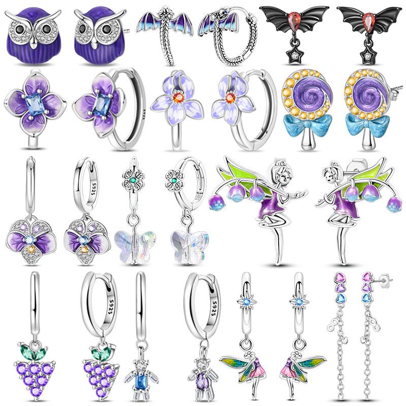 Original 925 Sterling Silver Purple Flower Owl Earrings Women 2025 Zircon Ear Studs Sparkling Pave Hoop Earring Jewelry Gift