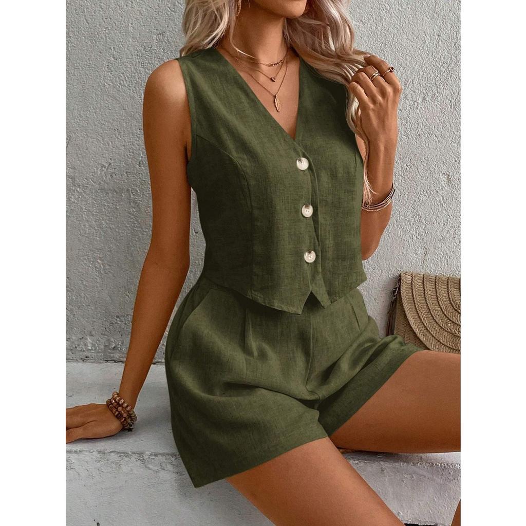 Todelt ermeløs damevestsett i plussstørrelse for kvinner, ensfarget med knapper