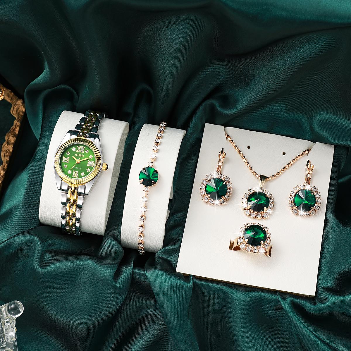

Без подарочной коробки; Женские часы с перламутровым циферблатом, инкрустированным бриллиантами, и градиентным золотым ремешком ювелирный набор из 5 предметов с бриллиантами зелёный