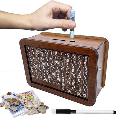 Wooden Money Box with Counter Marker Pen Vintage Piggy Bank with Money Target Numbers Coin Cash Container Money Saving Challenges Box