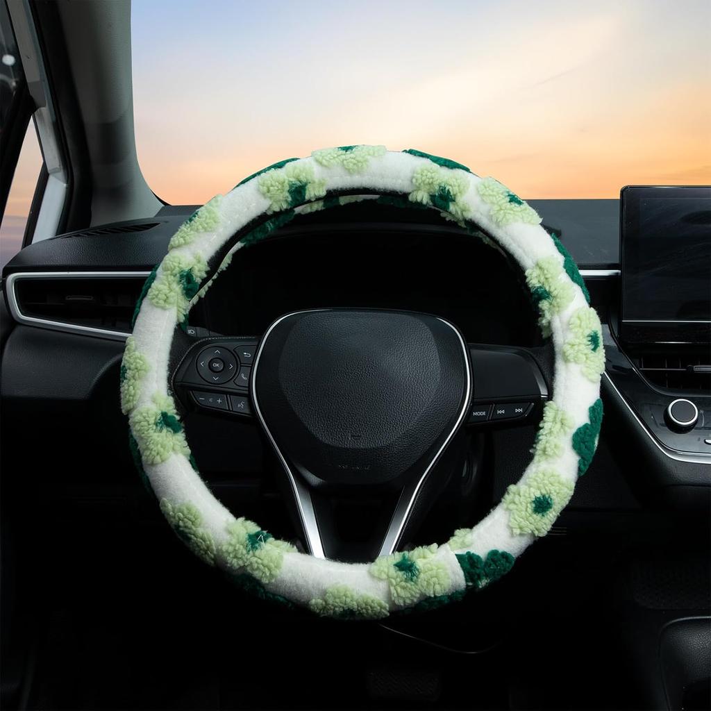 Green Plush Flowers Steering Wheel Cover Auto Jacquard Steering Wheel Protector, Anti-Slip, Breathable, Absorbing Sweat, Universal Car Accessories