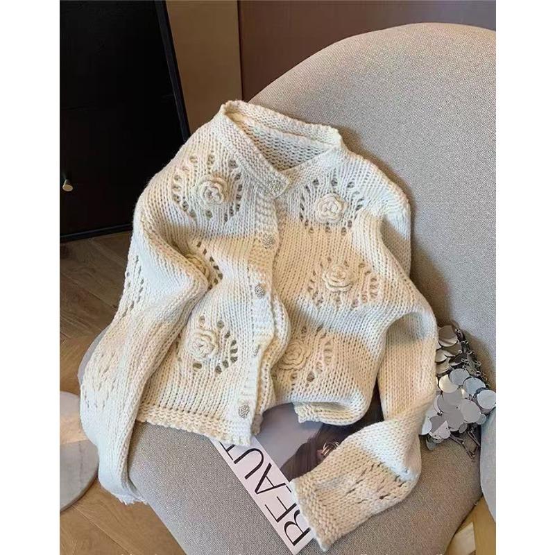 

Three-dimensional crochet hollow sweater cardigan women s spring design sense niche gentle sweet soft waxy knitted coat L