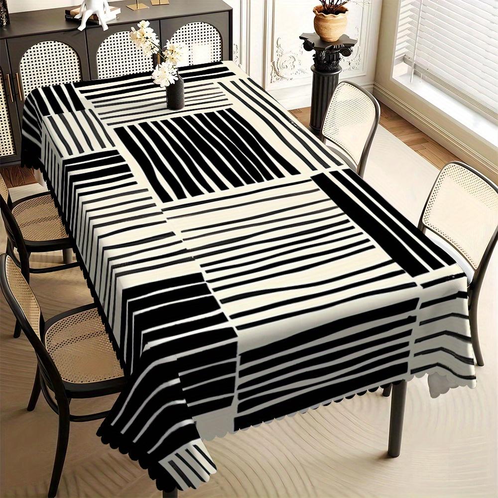 Minimalistisch Geometrisch Tafelkleed, Zwart-Wit Gestreept Patroon, Strak Golvende Rand, Vuilafstotend, voor Keuken, Feest & Modern 100x140cm