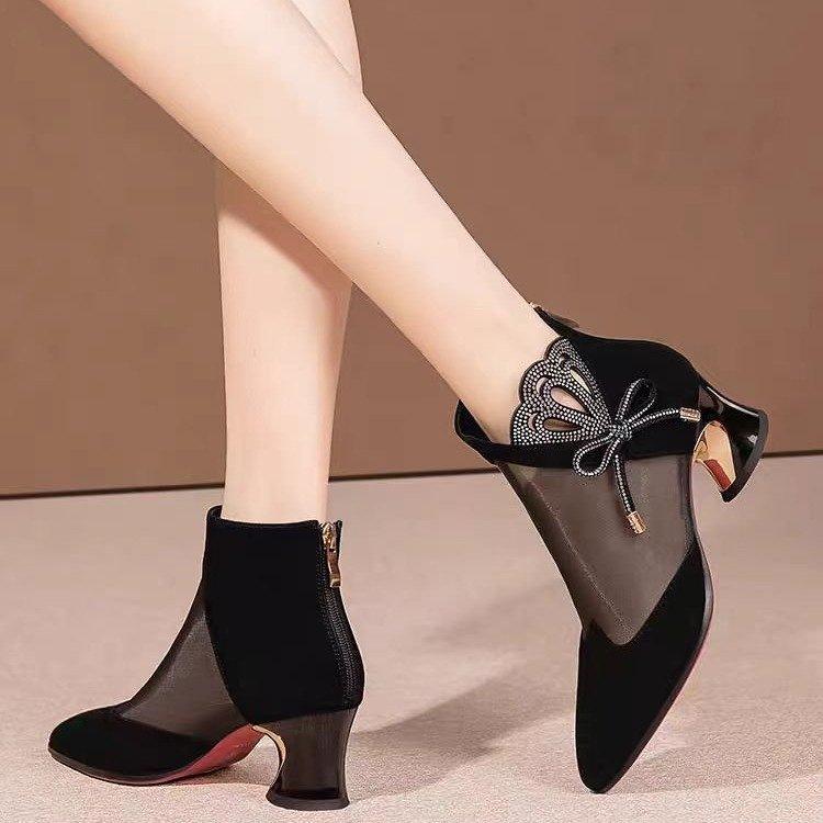 Baotou High-heeled Cool Boots Women's Thick-heeled Mesh Hollowed-out Sandals Women's Summer New Fashion Rhinestone Bow Versatile Net Boots