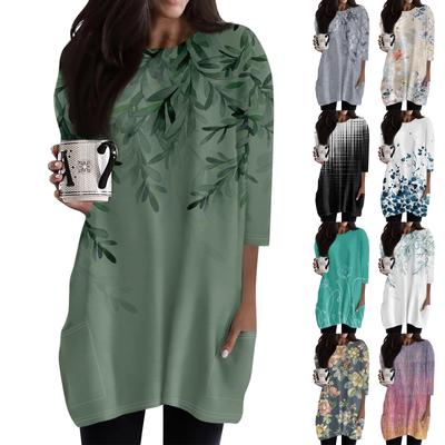 Kadın Günlük 3/4 Kollu Gömlekler Moda Baskılı Cepli Tunik Üstler