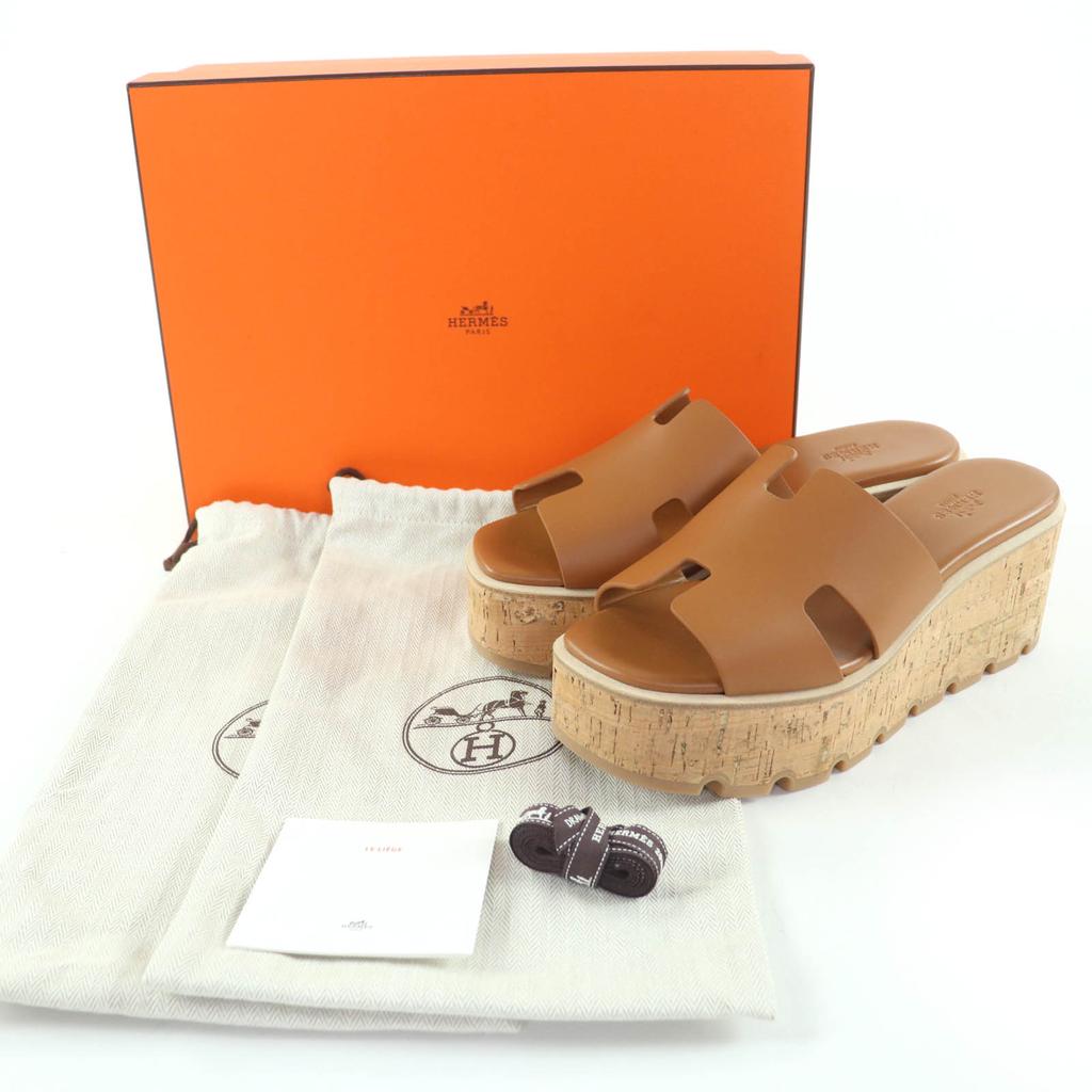 Makellose HERMES Sandalen Eze 30 H-Logo Plateau Natur Kalbsleder Damen 38 Gebraucht