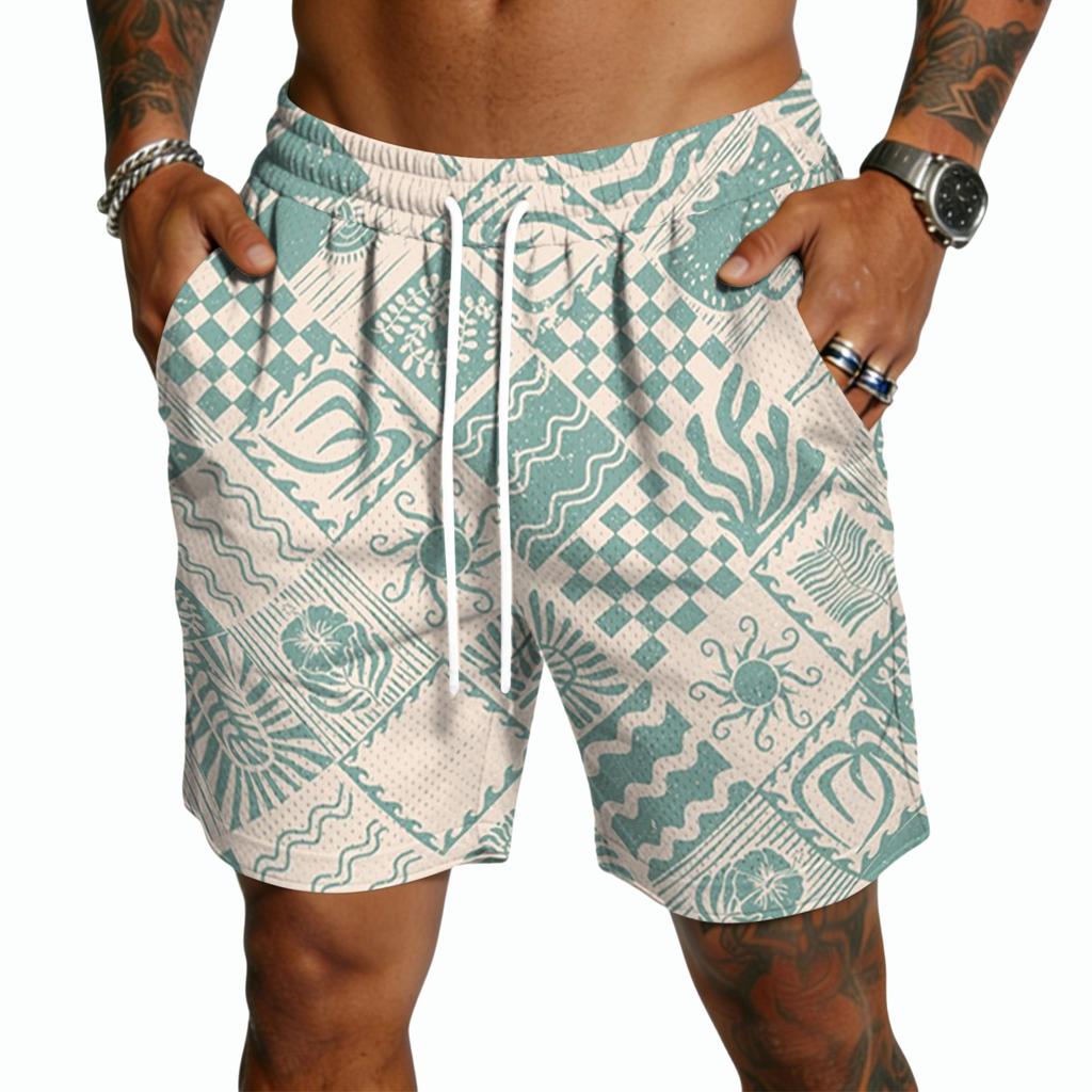 Men's Casual Drawstring Shorts Lightweight Quick Dry Five Inch Inseam Hawaiian Print Beachwear Summer Bottoms with Pockets
