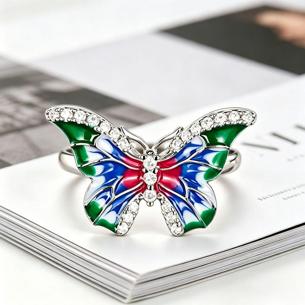 Yanbai Colorful Butterfly Ring for Women - Simple, Popular European and American Style Enamel Jewelry