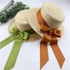 Straw Straw Hat Woven Flat Top Ribbon Bow Streamer Wide Brim Women's Summer Age Reduction Holiday Beach Sunshade Tide