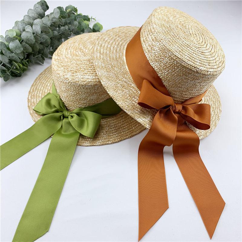 Straw straw hat woven flat top ribbon bow streamer wide brim summer age reduction Sanya vacation beach sunshade