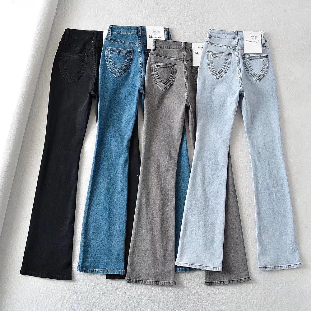 YPFF Trendy European & American Style Women's High Waist Slimming Flare Jeans with Heart Pocket.
