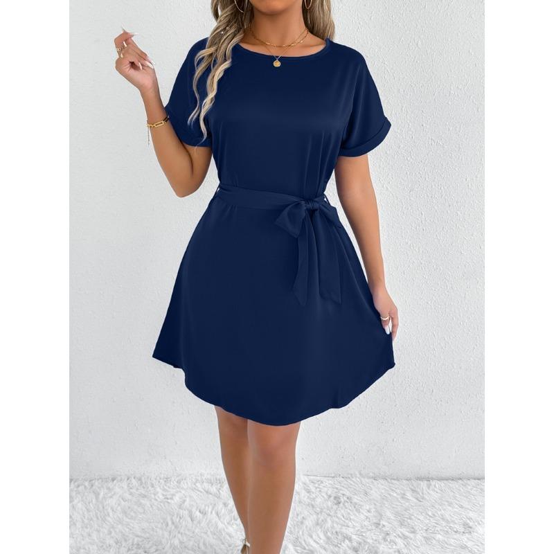 

Women Satin Round Neck Batwing Sleeve Belted A Line Mini Dress S