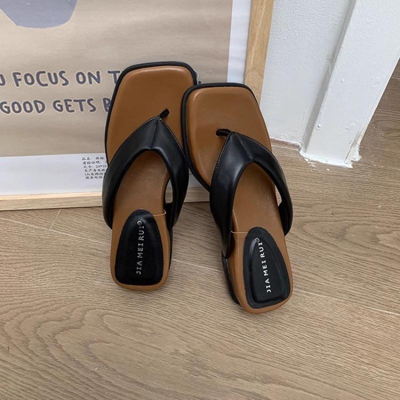 

Женские шлепанцы 2025 Лето Вьетнамки с перемычкой между пальцами Клинья Мода Пляжные Уличные Повседневные Туфли Квадратный Носок Открытый Носок Сандалии Женские 35 чёрный