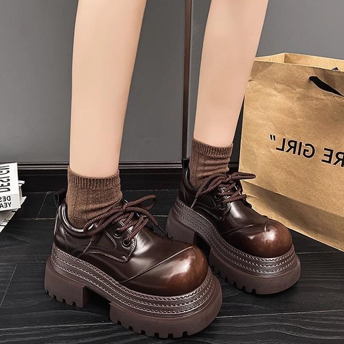 British Style Round Head Platform Small Leather Shoes 2025 New Spring and Summer Lace-up Derby Shoes Small Heightening Loafers