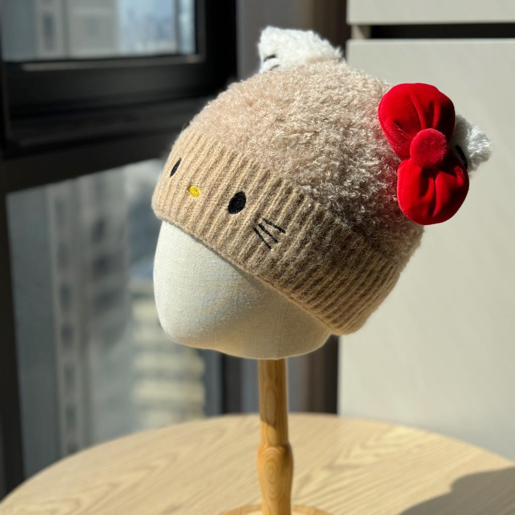 Cute Cat Bow Warm Woolen Hat for Women In Autumn and Winter Versatile Niche Slimming Cat Ears Sweet Knitted Hat