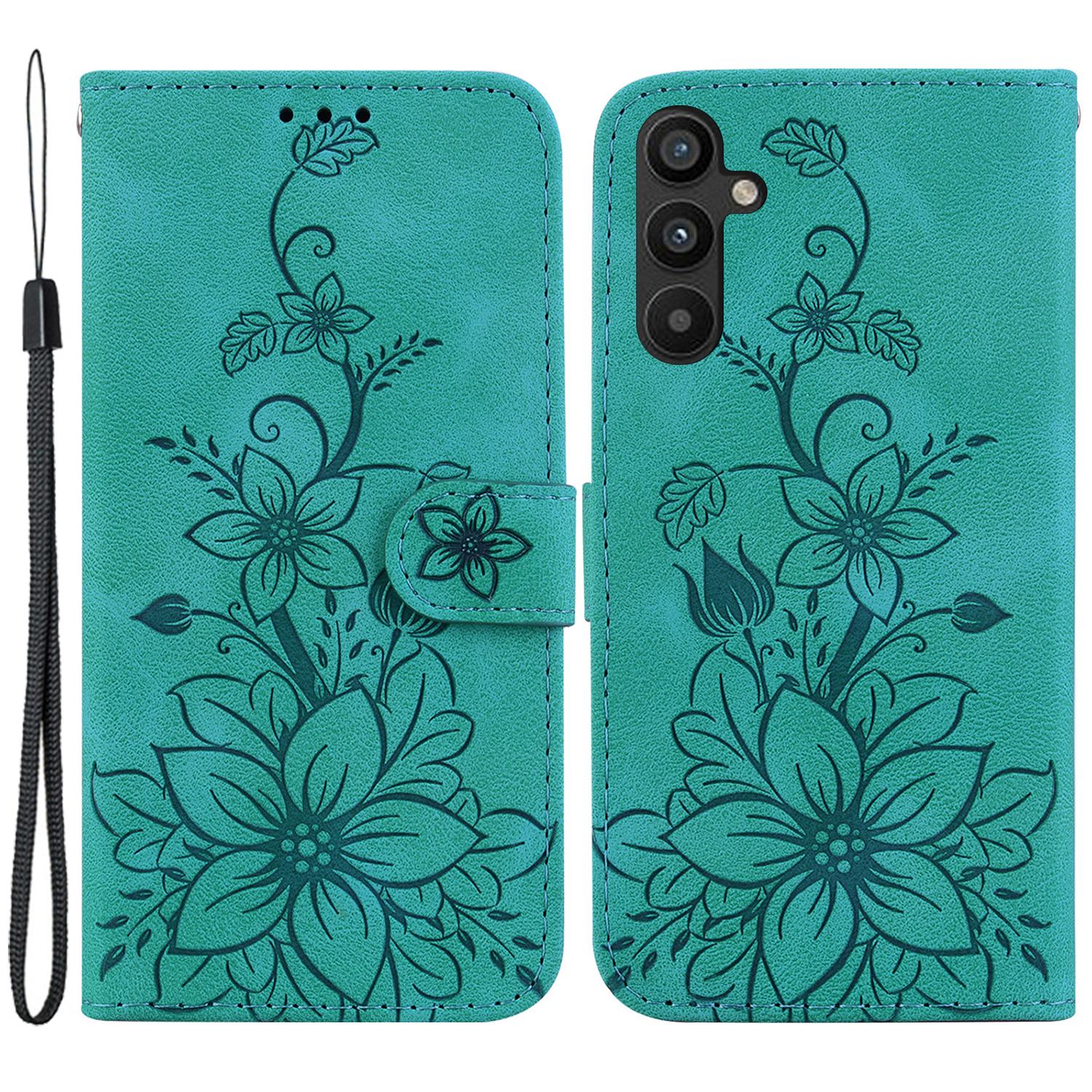 

For Samsung Galaxy A34 5G Leather Wallet Phone Case Imprinted Lily Flower Folding Stand Cover Green