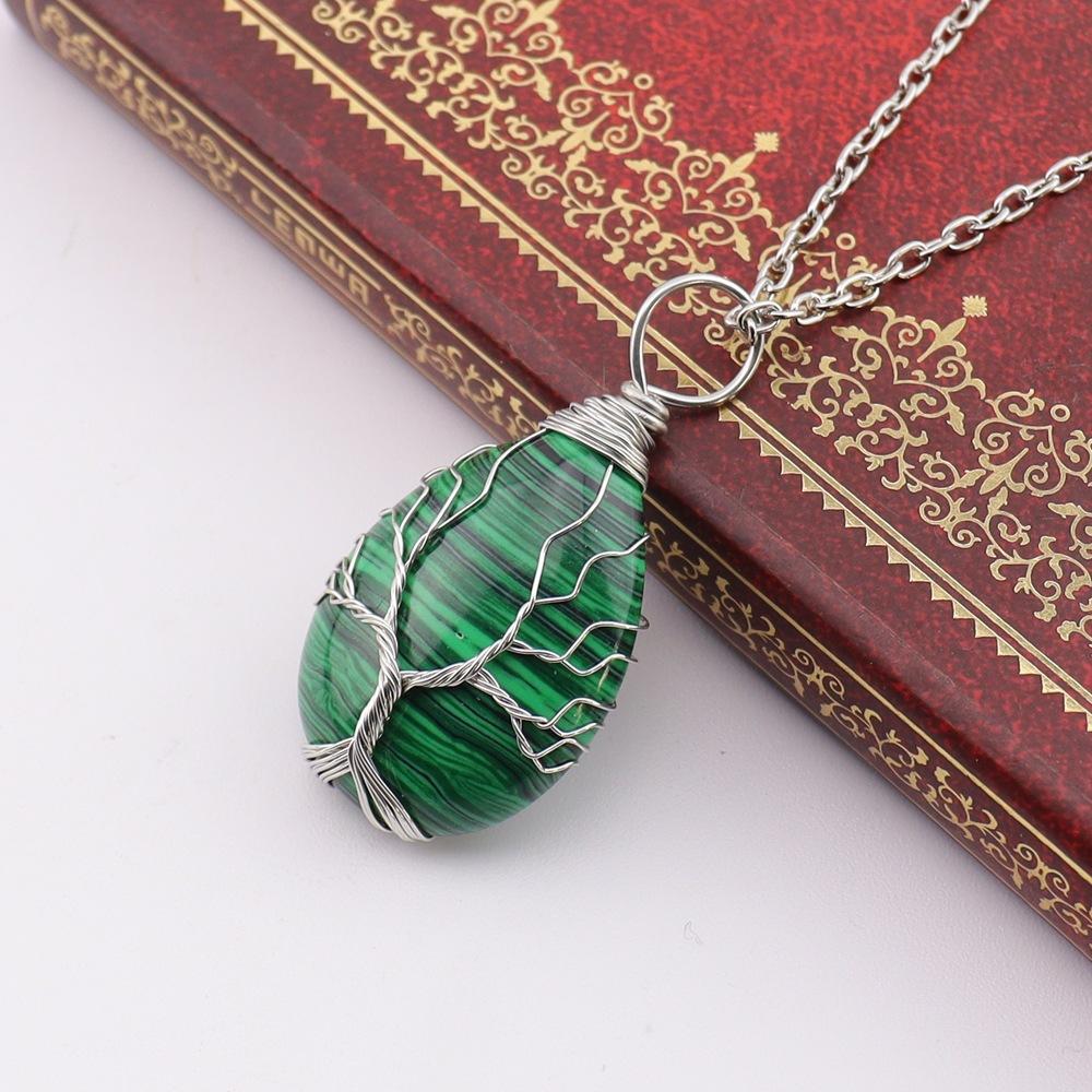 Natural Stone Crystal Agate Water Drop Winding Silk Tree Of Life Pendant Necklace Sweater Chain Water Drop Rough Stone N779