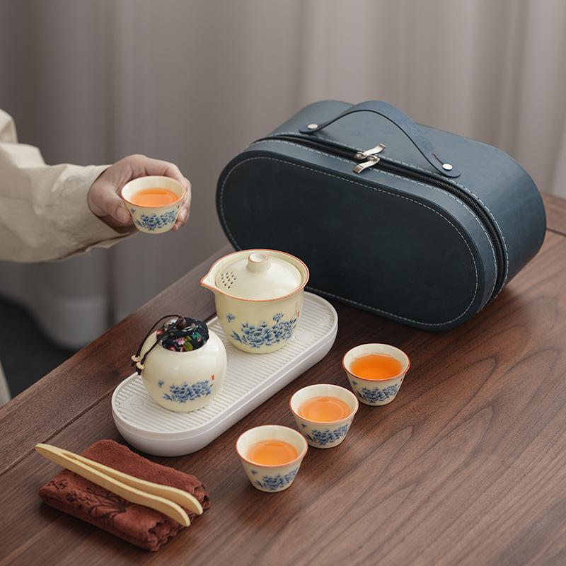 High-grade beige Ru kiln peony Qingyun festival souvenir set outdoor portable teapot express cup