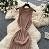 Qianjin wind sleeveless knitted slim dress women's summer hollow breathable high waist thin temperament long dress