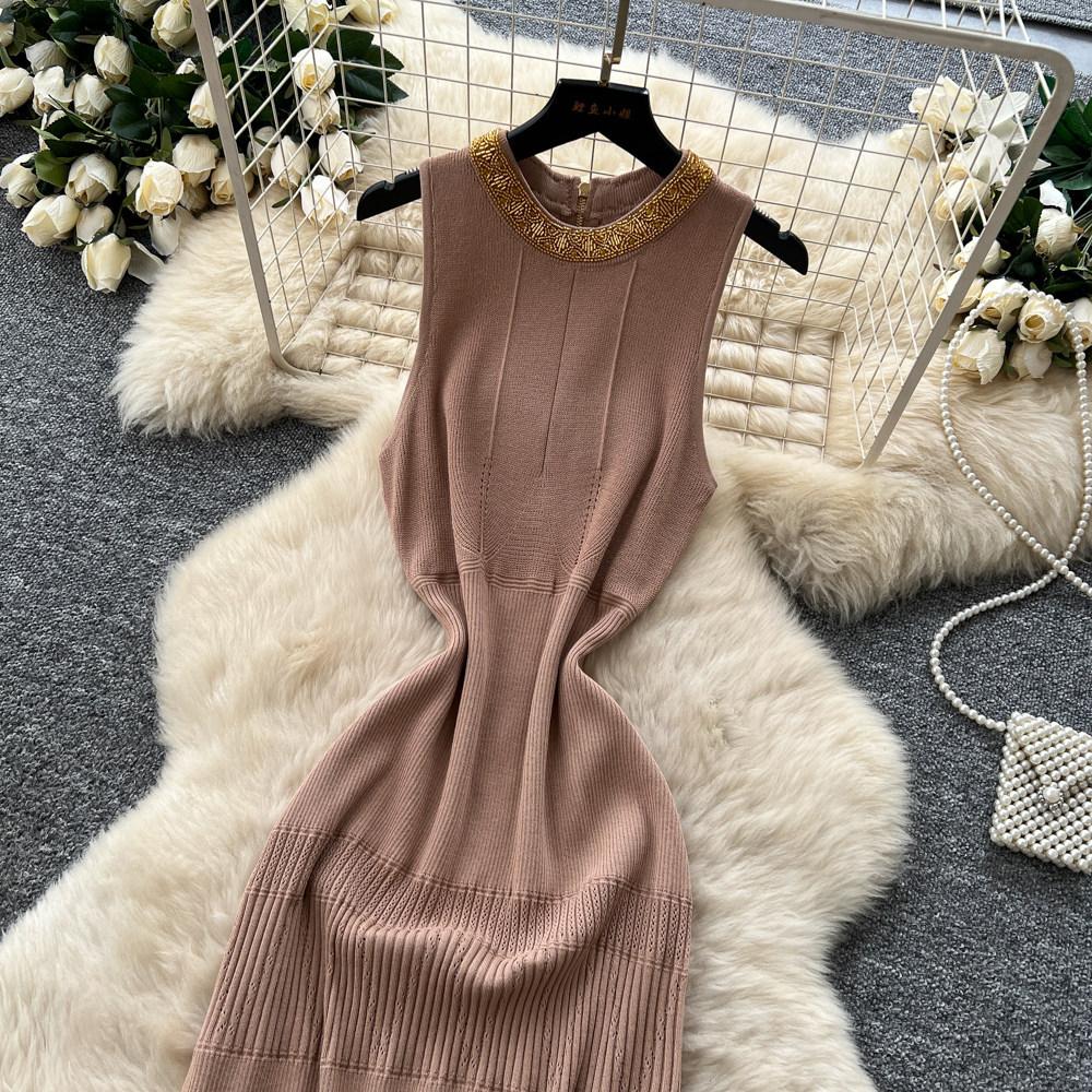 Qianjin wind sleeveless knitted slim dress women's summer hollow breathable high waist thin temperament long dress