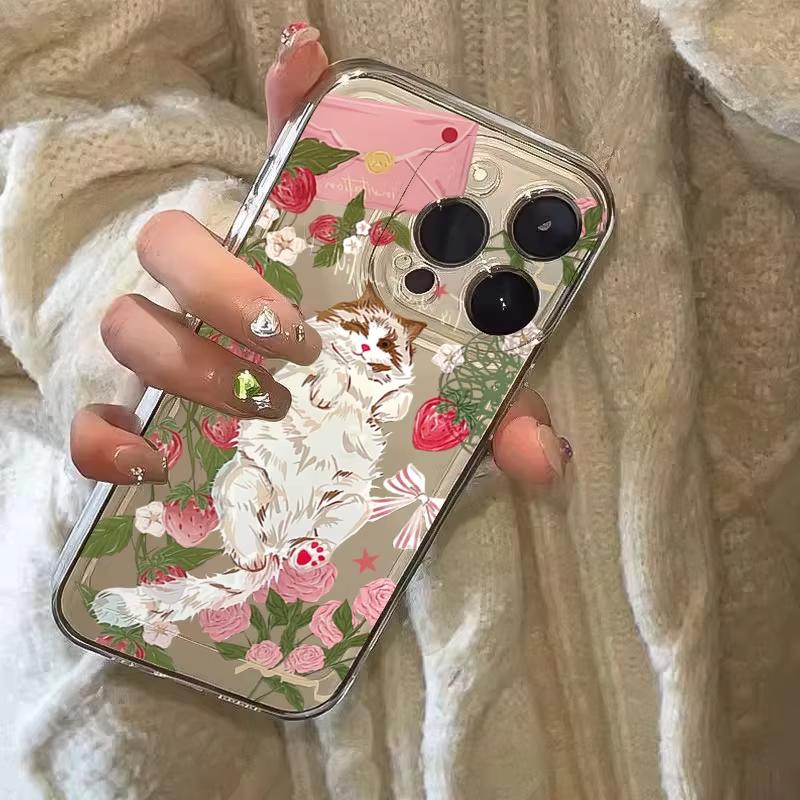 Korean Painted Cat Strawberry Flower Phone Case For Samsung Galaxy A14 A15 S21 S22 S23 S24 FE Plus Ultra A25 A35 A52 A53 A54 A55