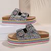 Plus Size Sequin Buckle Cork Slides - Outdoor Double Buckle Sandals