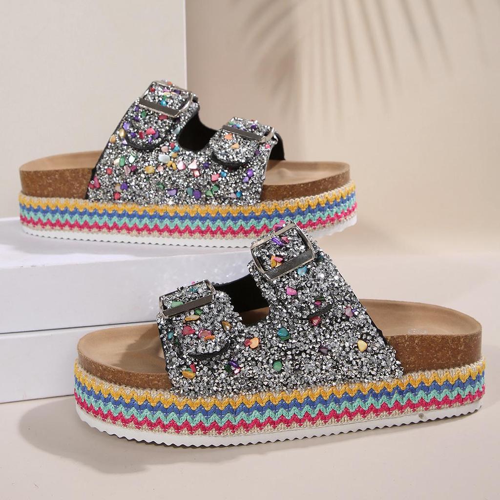 Plus Size Sequin Buckle Cork Slides - Outdoor Double Buckle Sandals