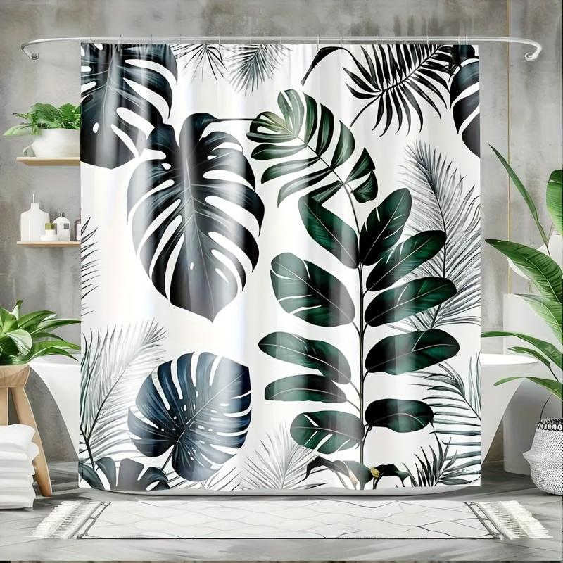 1pc Tropical Leaf Shower Curtain - White with Green & Black Monstera Leaves, Multiple Sizes, 12 Hooks Included, Machine Washable