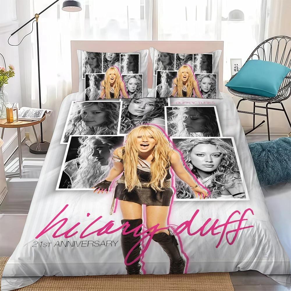 Mode H-Hilary Duff Chanter Housse de couette taie d'oreiller Linge de lit Garçon Fille Décoration de chambre à coucher Cadeau pour enfants Simple Double Grande Taille Fermeture éclair 150x200cm (3pcs)
