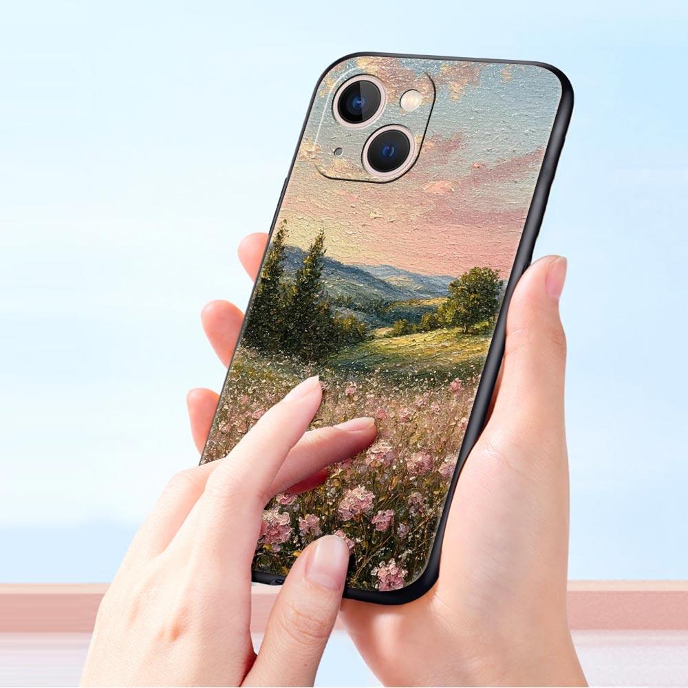Claude Monet Jardin Peinture Art Étui de Téléphone Pour iPhone 17 16 15 Pro Max 11 12 13 14 7 8 Plus SE 2020 X XR XS Coque Souple Noir