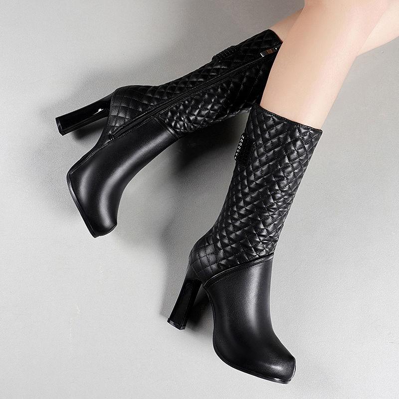 Fashion FHC Cowhide Leather Mid Calf Boots,Women's Winter Shoes Plush Botas,Side Zip,Square Heel Footware Female BLACK PLATFORM,Dropship