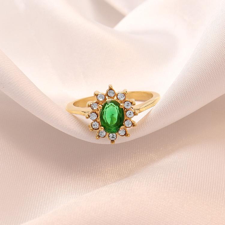 18K Gold Plated Double Layer Coarse Zircon Ring Stainless Steel Rimmed Oval Colored Zircon Ring for Woman