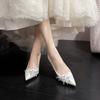 Fashion White Rhinestone High Heels for Women Wedding Bridal Shoes French Floral Dress Pumps