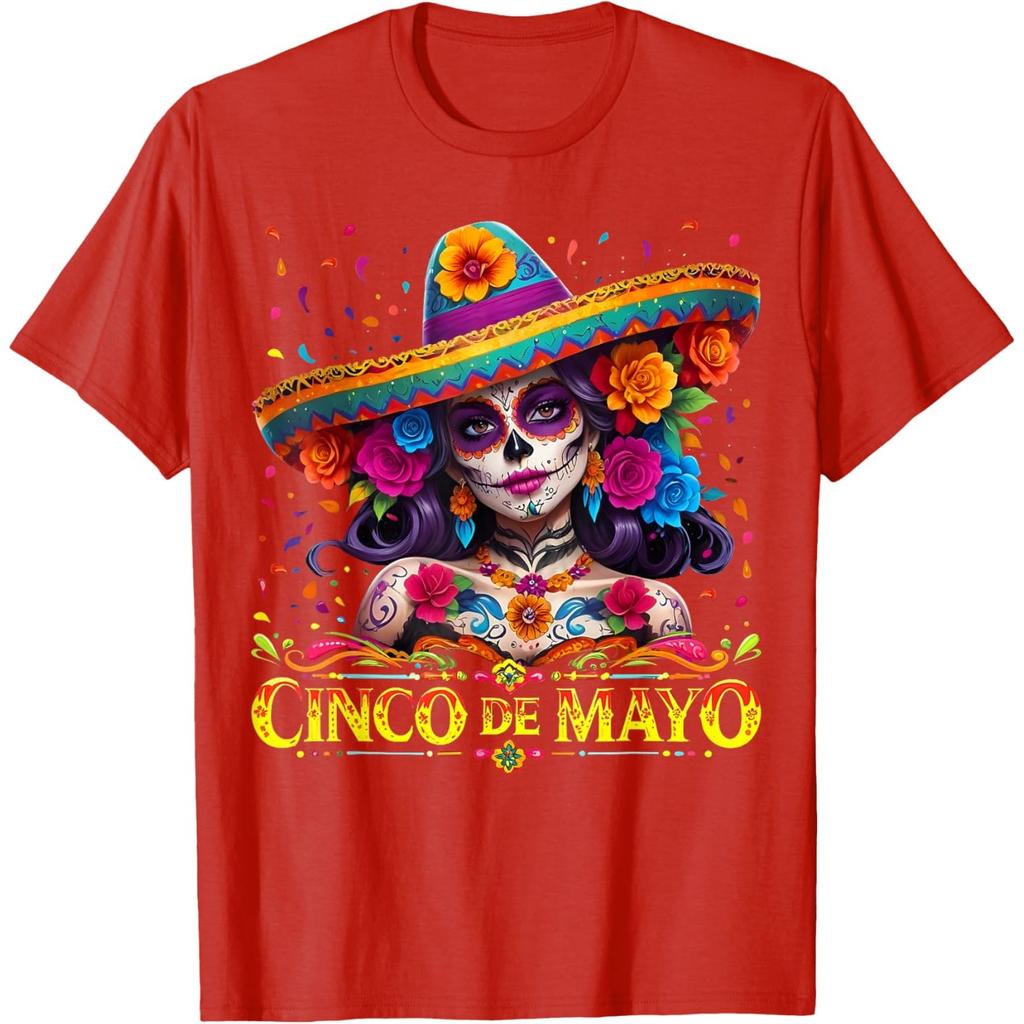 Cinco De Mayo Sugar Skull Women Sombrero Graphic T-Shirt Casual Cotton Tee
