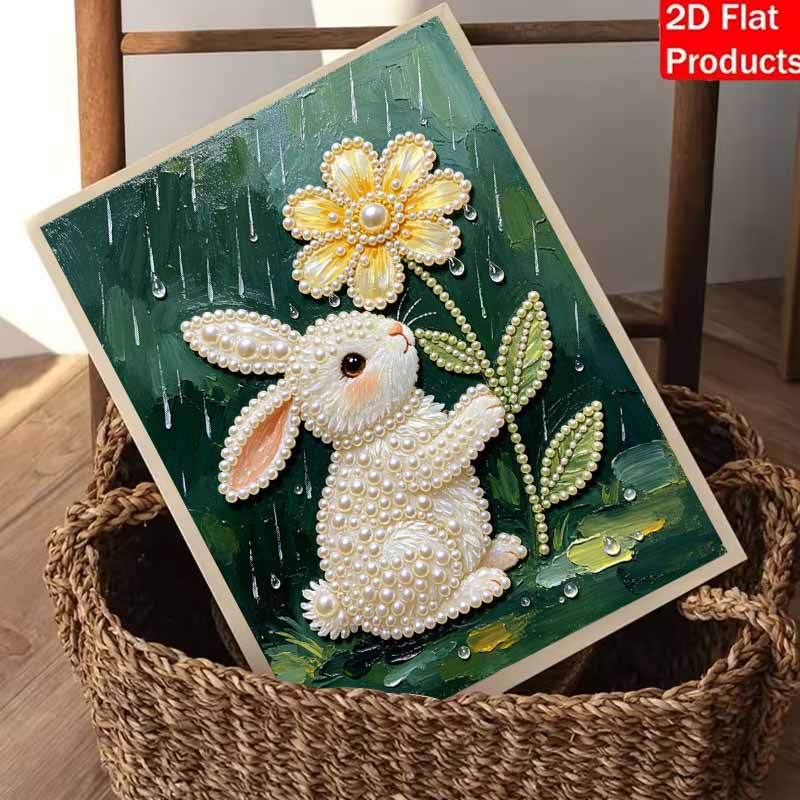 DIY Frameless Pearl Painting Kit Cute Rabbit Flower 3D Shiny Bead Art Canvas Relaxing Creative Craft for Home Wall Decor Gift