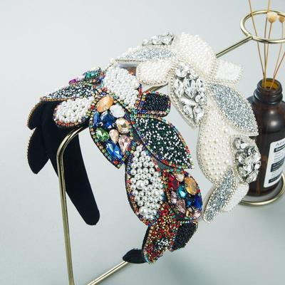 Damen Haarband Strass Perle Blatt Barock Stirnband übertrieben breites Haarband