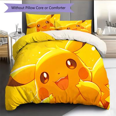 Roupa de Cama com Padrão Pikachu Decoração de Casa Presente de Aniversário (1 capa de edredom + 2 fronhas, sem enchimento.)