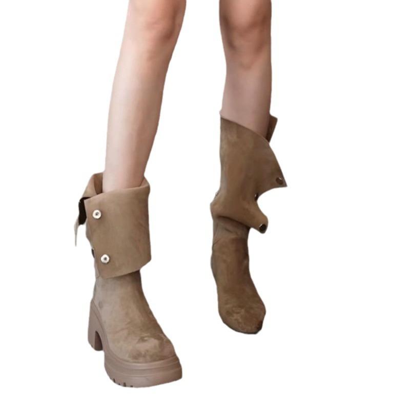 [8cm huge display height] Thick-soled long boots, small height increase, medium tube knight boots, women wear folded western boots