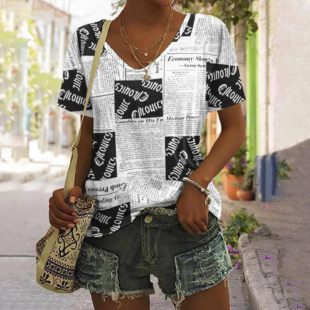 Personalized Retro Women Clothing 3D V-neck Short-sleeved Old Newspaper Print Summer Women Clothing T-shirt Street Harajuku Top
