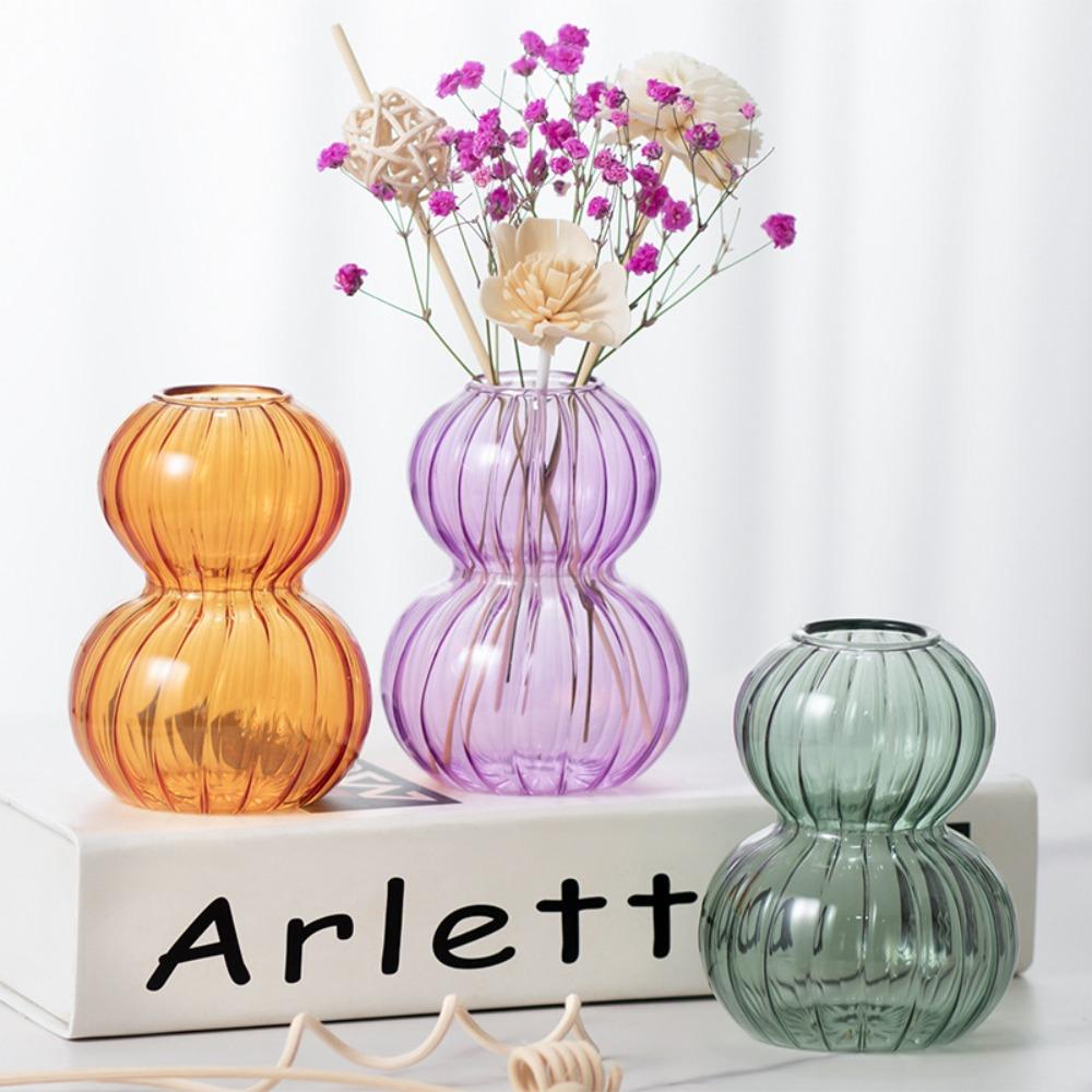 Nordic Style Vertical Striped Glass Gourd Shaped Transparent Glass Vase Desktop Home Office Decoration Housewarming Gift