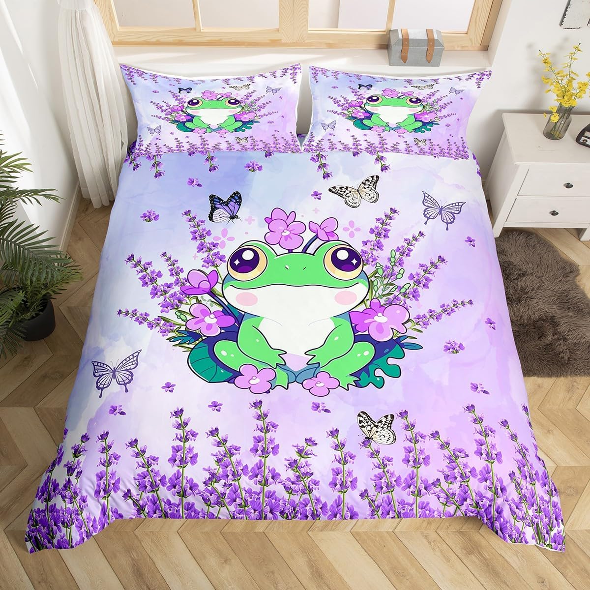 

Comforter Cute Frog Full Queencartoon Animals Theme Bedding Set Kawaii Frog Comforter Watercolor Plants Comforter (quilt)-EU Single(135*200cm)3pcs