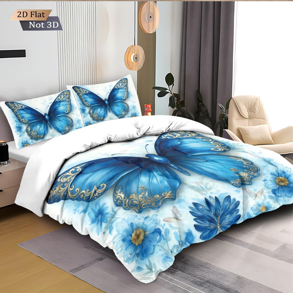3pcs blue butterfly printed coreless bedding set, comfortable multi size bedroom and dormitory duvet covers, machine washable